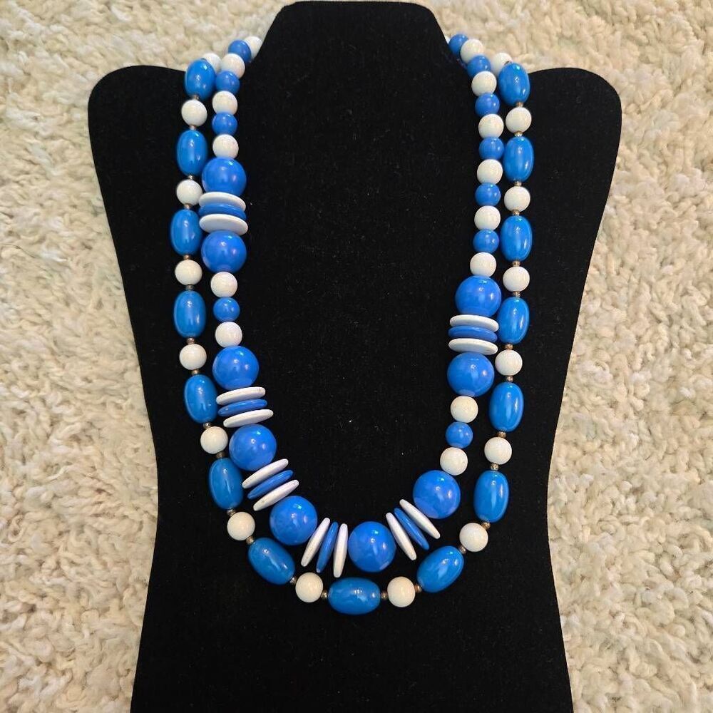 2 Vintage Blue & White Bead Necklaces